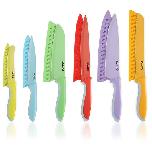 AGARO Royal 6 Pcs Coloured Kitchen Knife Set with Covers, High Carbon Stainless Steel Professional Chef Knife I Bread Knife I Santoku Knife I Utility Knife I Butter Knife I Slicing Knife Set for Kitchen (Multi Colour).